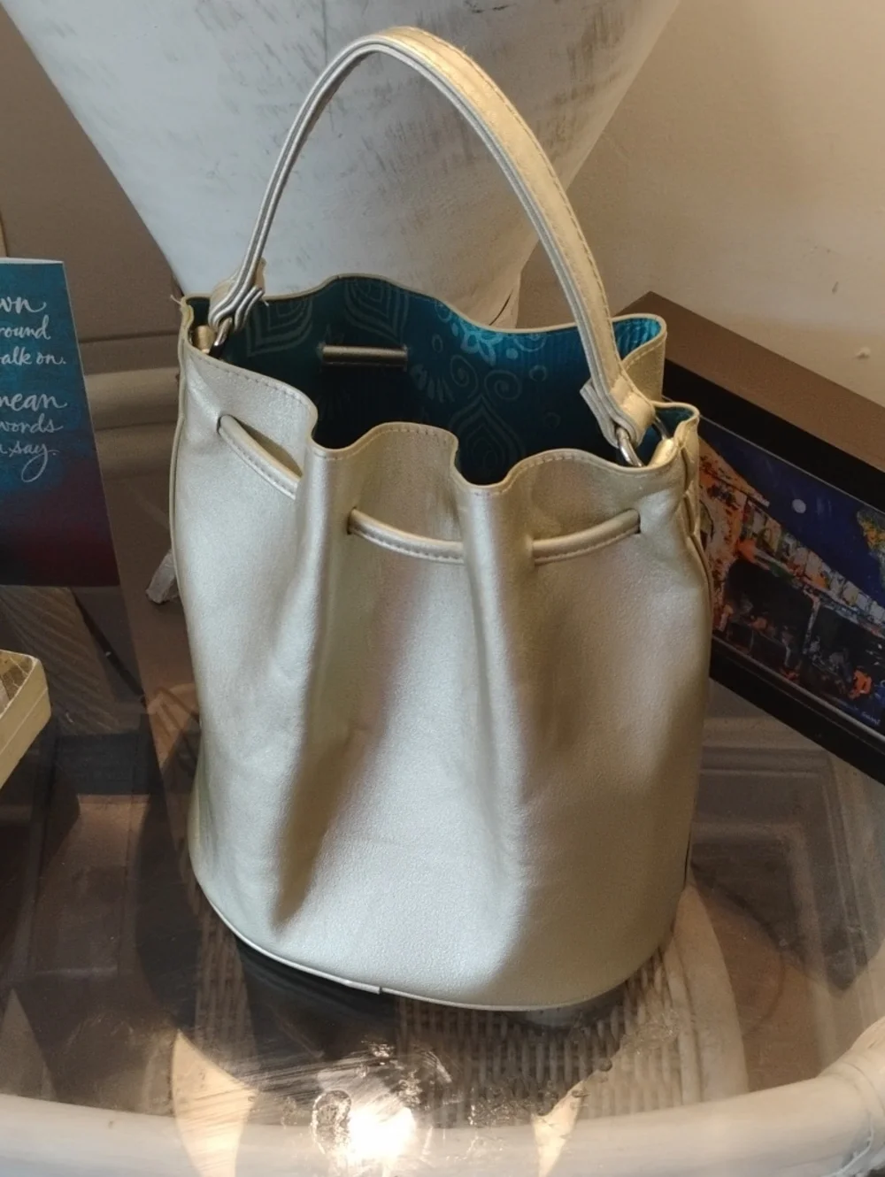 Metallic Gold Drawstring Bucket Handbag